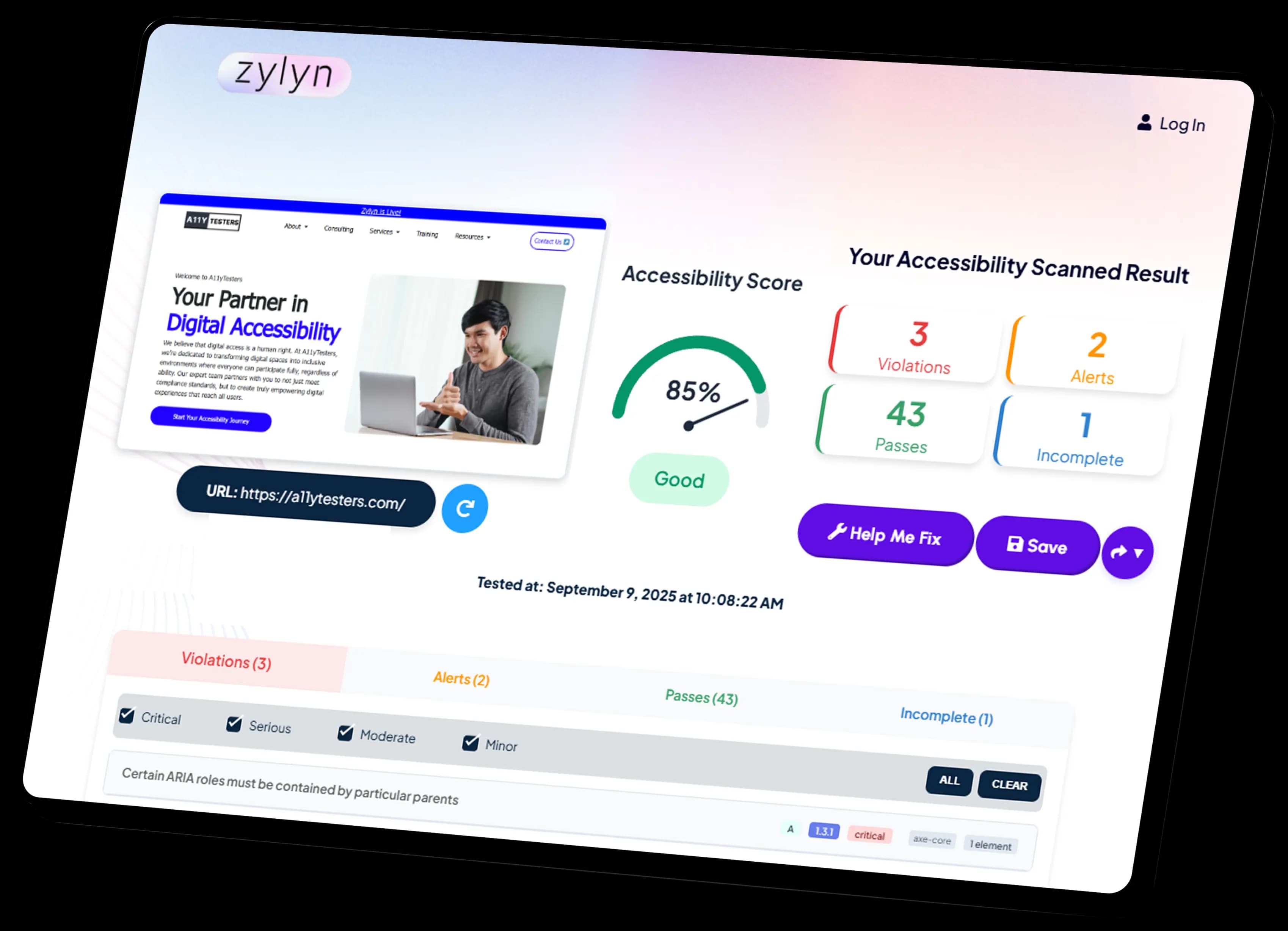 iPad showing the Zylyn accessibility audit dashboard